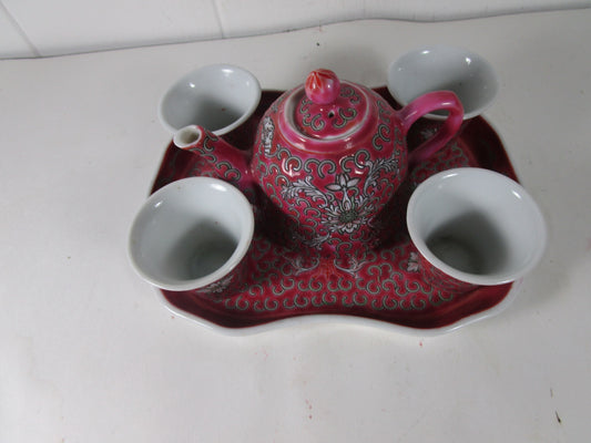 Chinese red mun shou sake/tea set rare 6 pc set