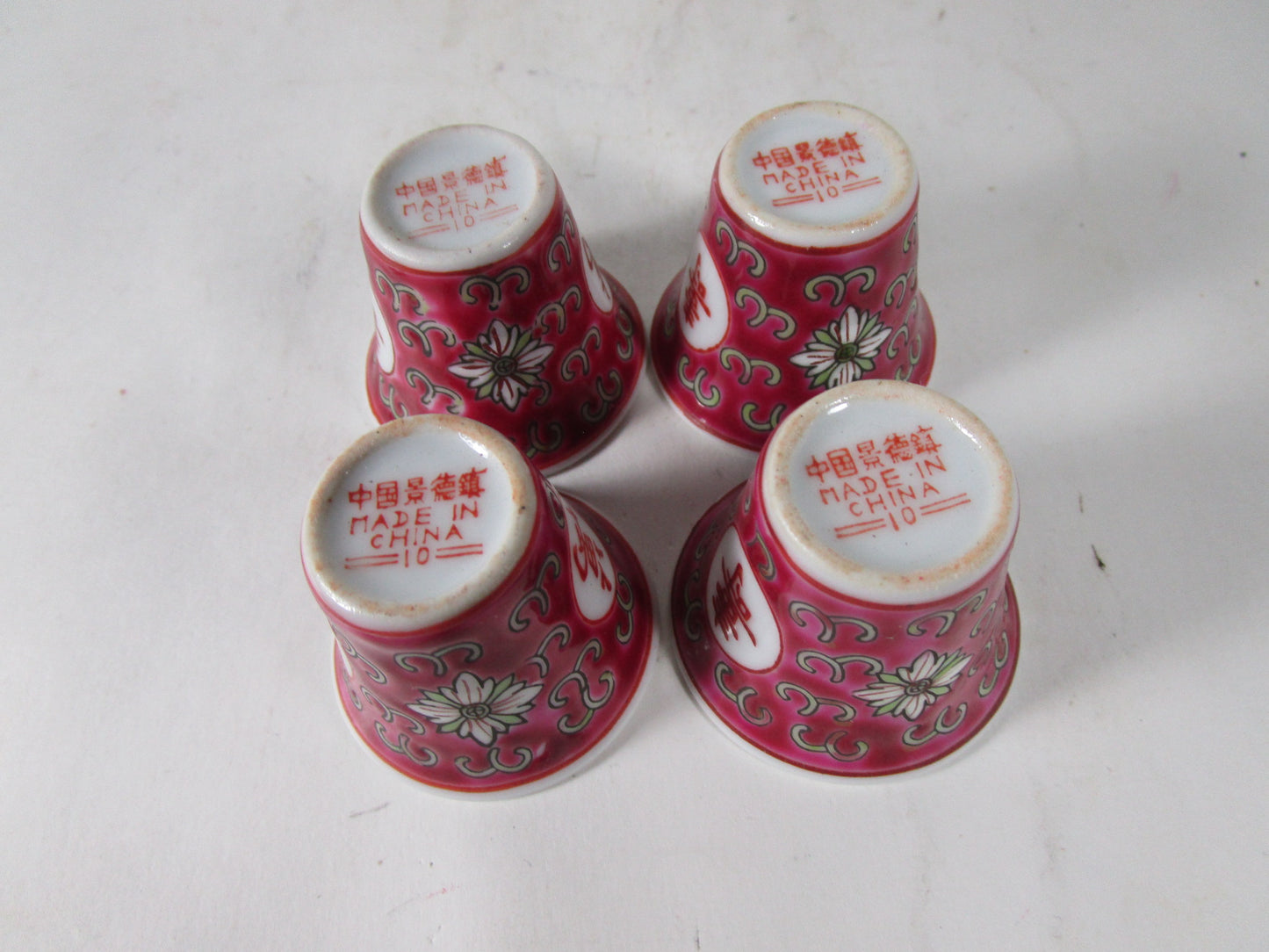 vintage red mun shou saka cups hand painted 1950s red markings