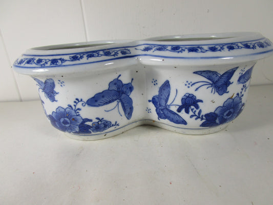 Vintage Blue & White Butterfly Chinese Double Bowl Planter Decor