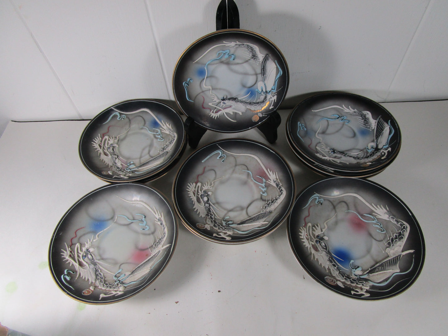 Vintage Japanese Dragon ware Moriage  10 Saucers  Black Gray