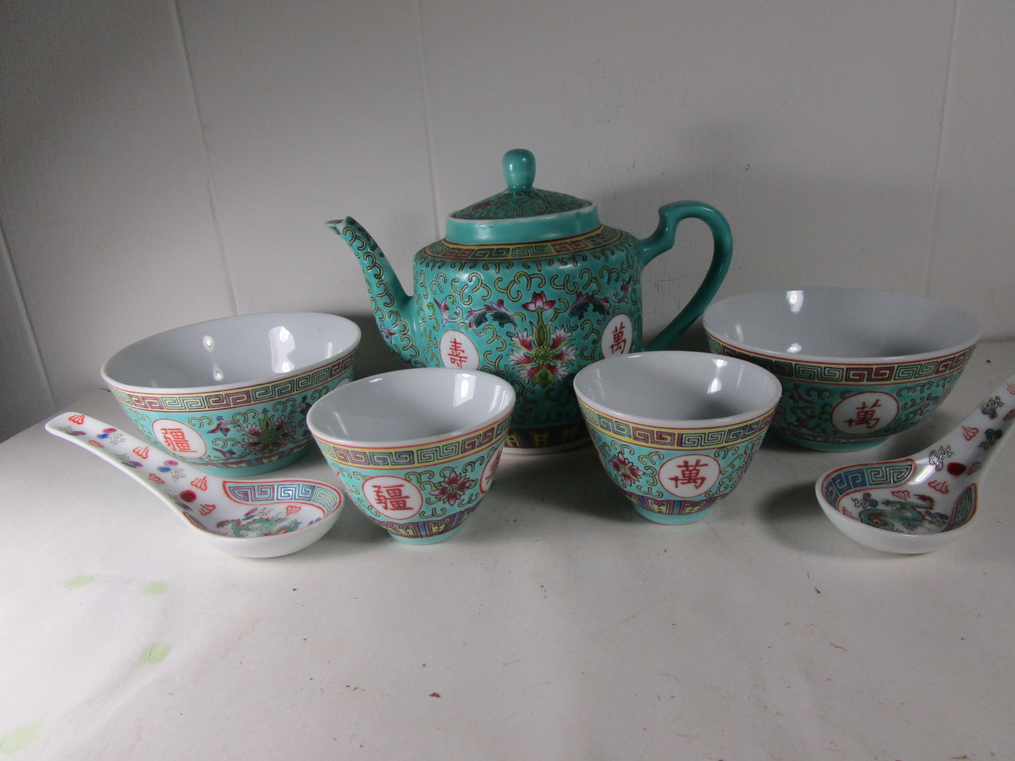 7Pc. Teapot Set Chinese Porcelain Turquoise Mun Shou Jingdezhen Famille Rose