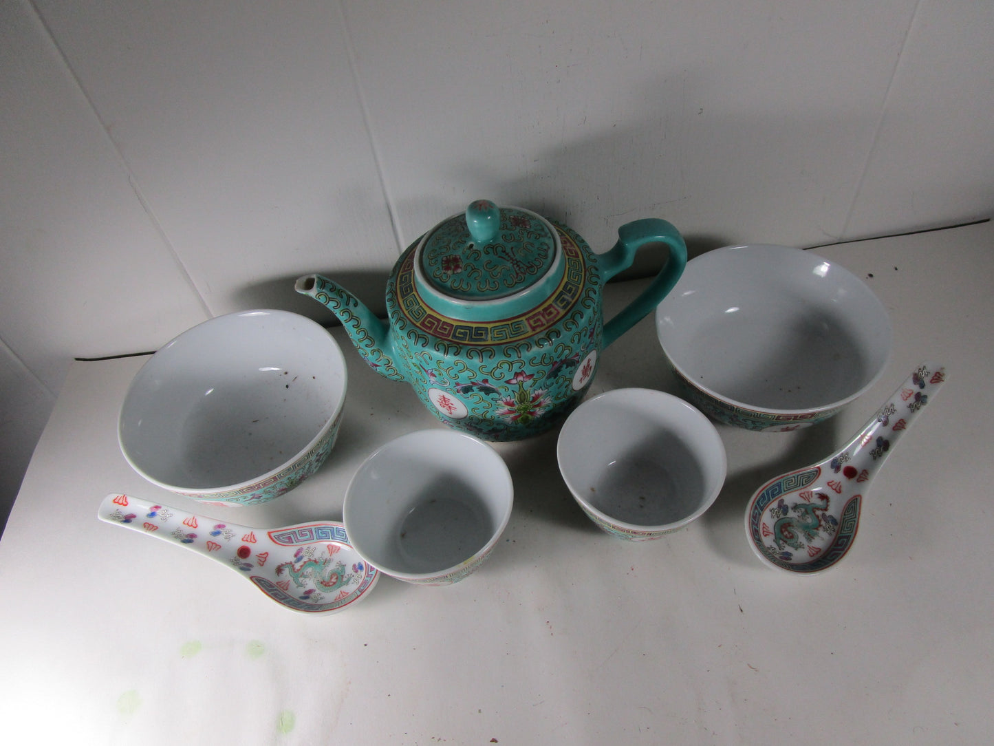 7Pc. Teapot Set Chinese Porcelain Turquoise Mun Shou Jingdezhen Famille Rose