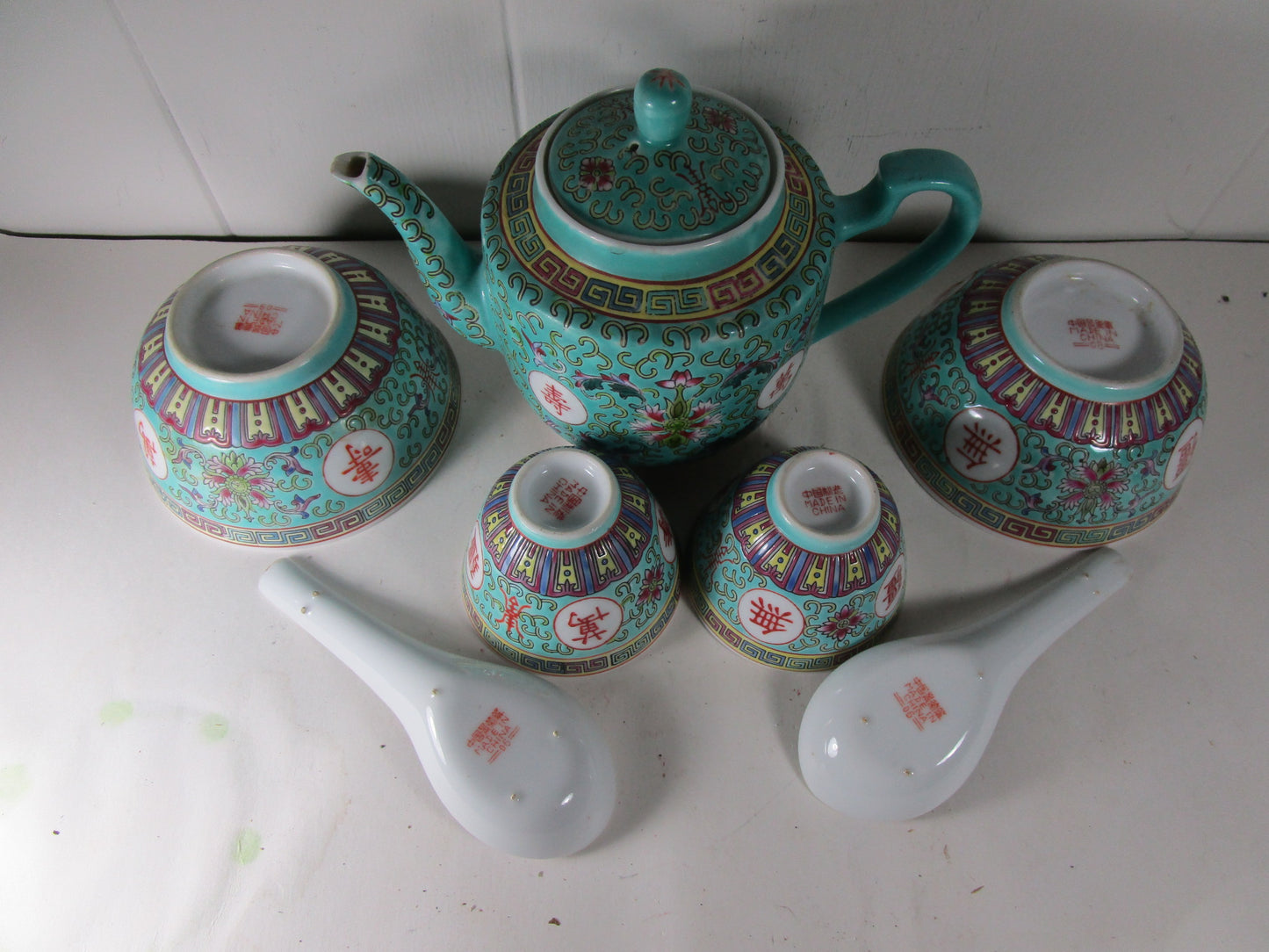 7Pc. Teapot Set Chinese Porcelain Turquoise Mun Shou Jingdezhen Famille Rose