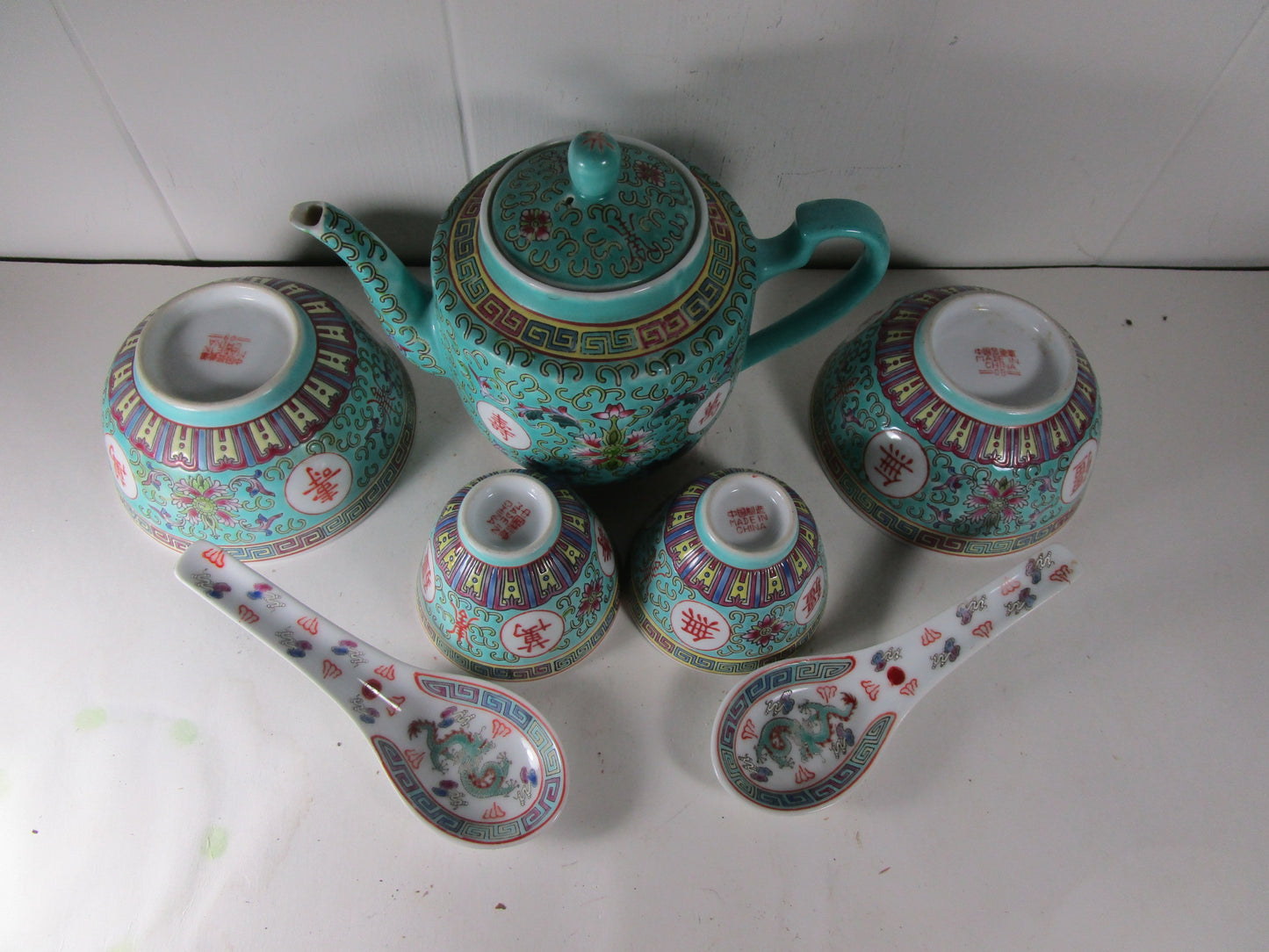 7Pc. Teapot Set Chinese Porcelain Turquoise Mun Shou Jingdezhen Famille Rose