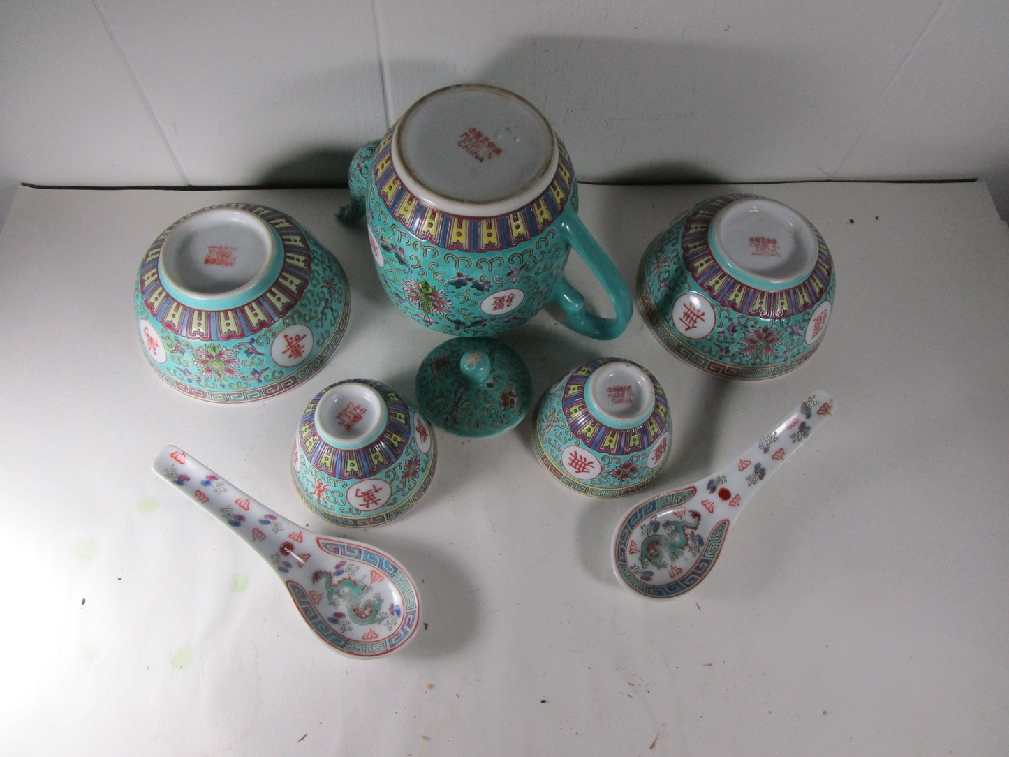 7Pc. Teapot Set Chinese Porcelain Turquoise Mun Shou Jingdezhen Famille Rose