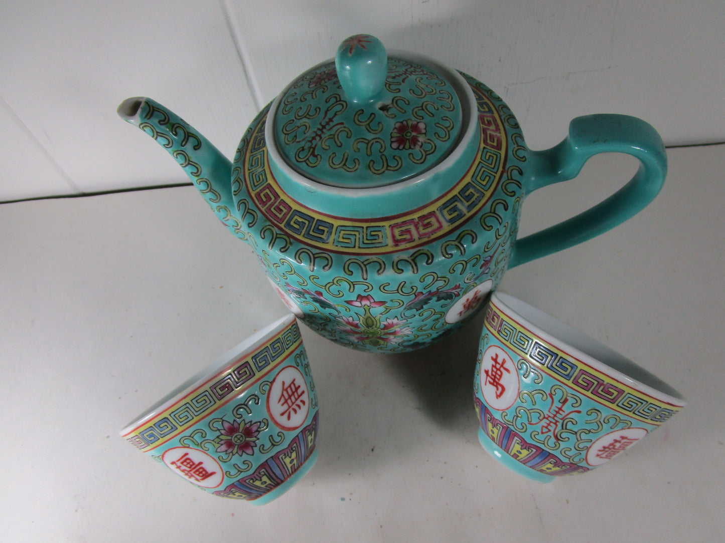 7Pc. Teapot Set Chinese Porcelain Turquoise Mun Shou Jingdezhen Famille Rose