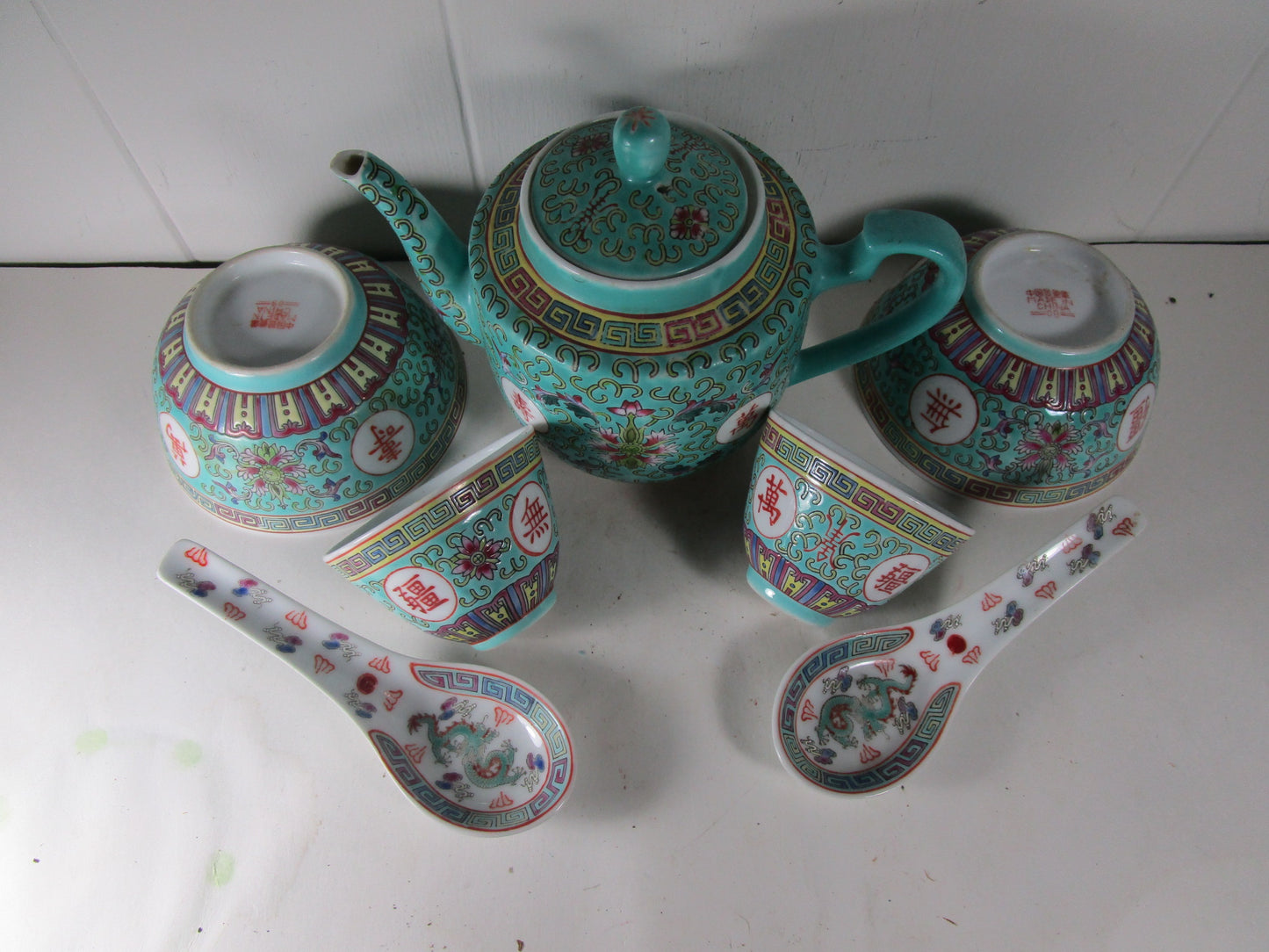 7Pc. Teapot Set Chinese Porcelain Turquoise Mun Shou Jingdezhen Famille Rose