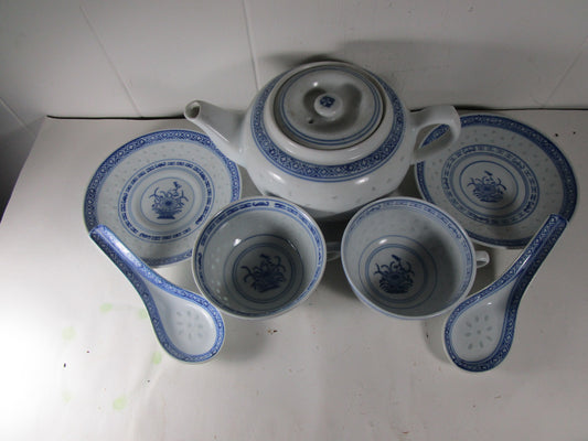 Chinese Jingdezhen Rice Eye Blue White Chrysanthemum Tea pot set