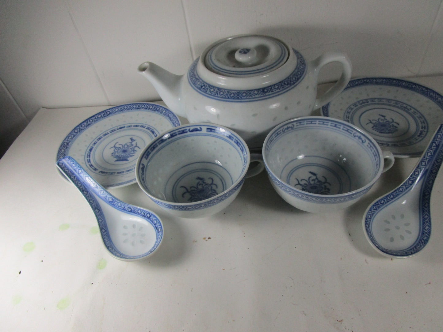 Chinese Jingdezhen Rice Eye Blue White Chrysanthemum Tea pot set