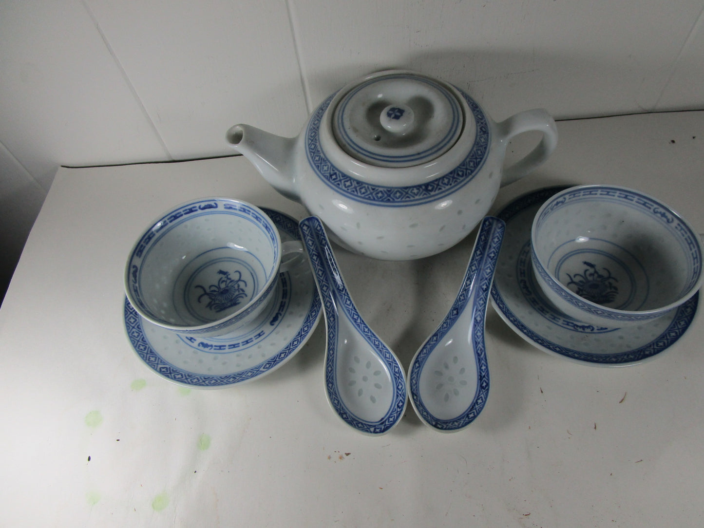 Chinese Jingdezhen Rice Eye Blue White Chrysanthemum Tea pot set