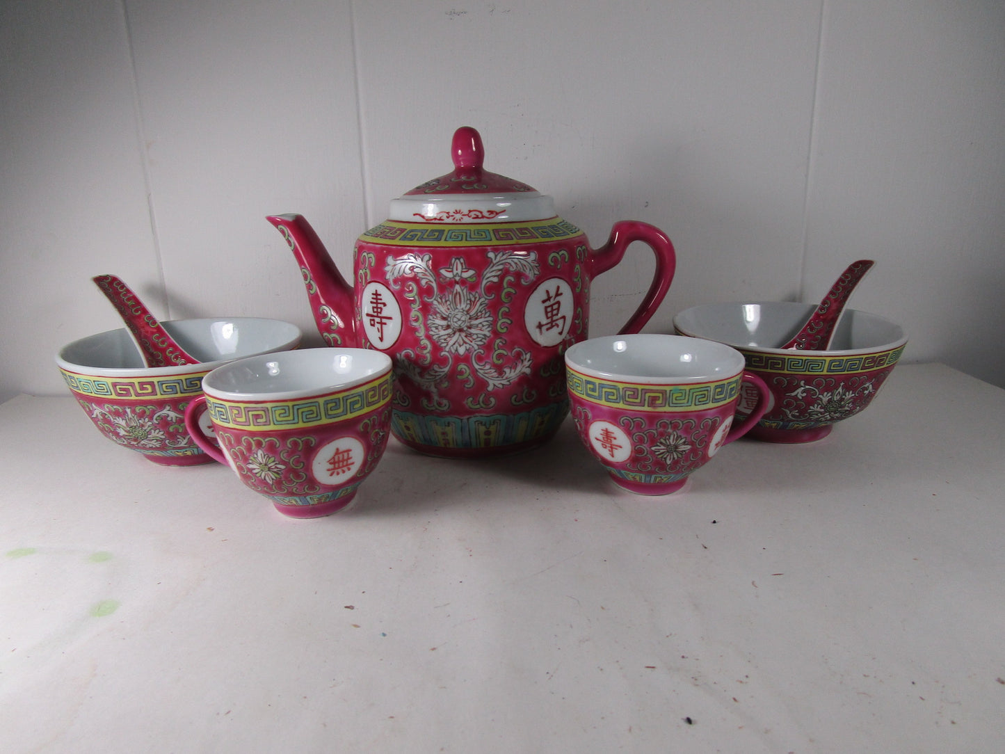 China Red Mun Shou Famile Rose Style 7 pc Tea Set