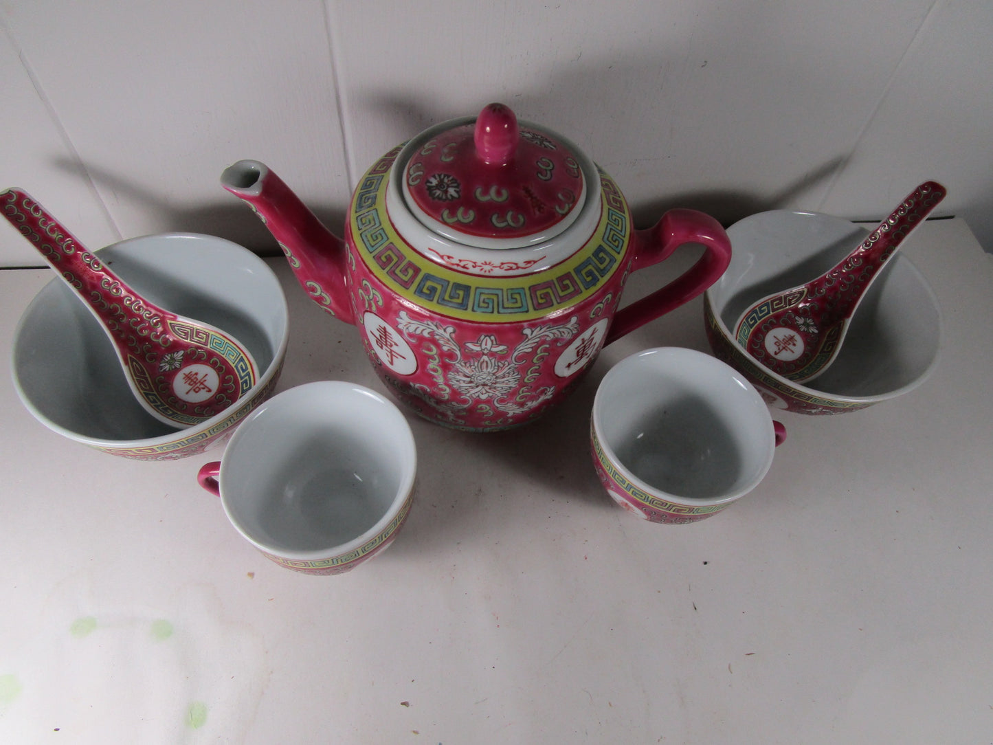 China Red Mun Shou Famile Rose Style 7 pc Tea Set