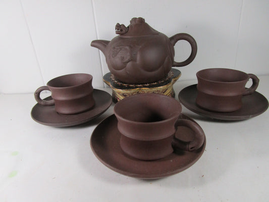 Chinese, Brown, Yixing Clay, Teapot Set, Dragon Head on  Lid, Cups Saucers