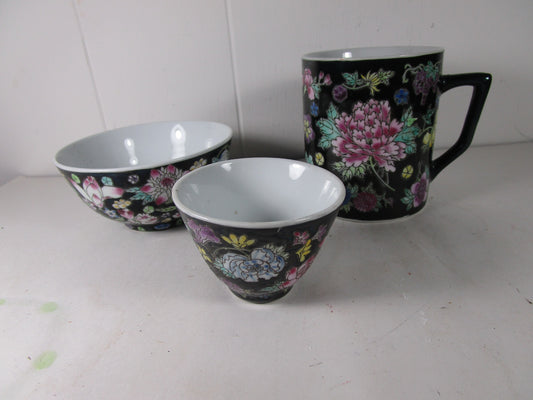 Chinese millefleur famille nori tea cups bowl