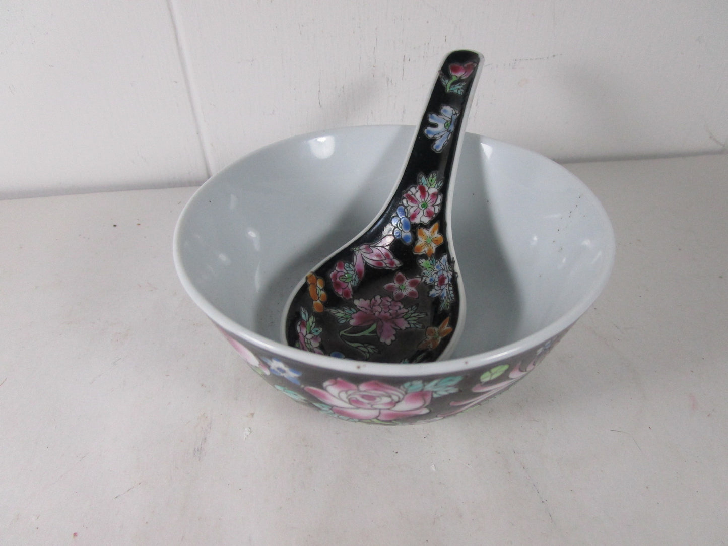 Famille Noire Millefleur bowl matching spoon rare