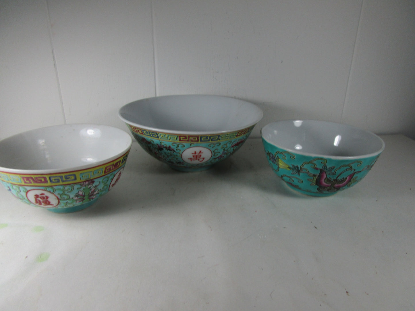 1960 s Zhongguo Jin1gdezen turquoise mun shou 3 vintage bowls|