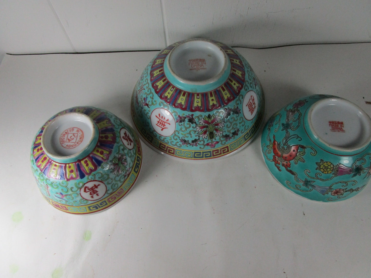 1960 s Zhongguo Jin1gdezen turquoise mun shou 3 vintage bowls|