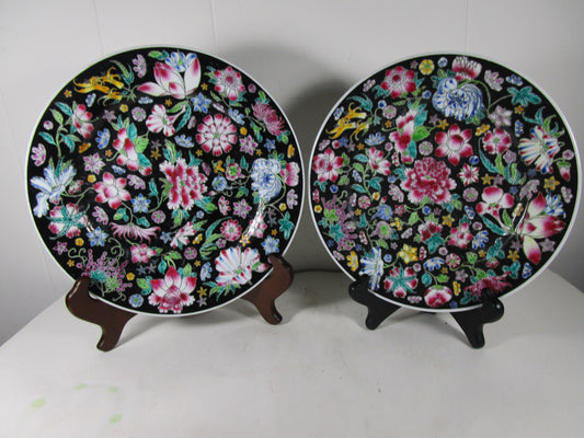 vintage hand painted porcelain  plates  black enamel “Mille Fleur” floral