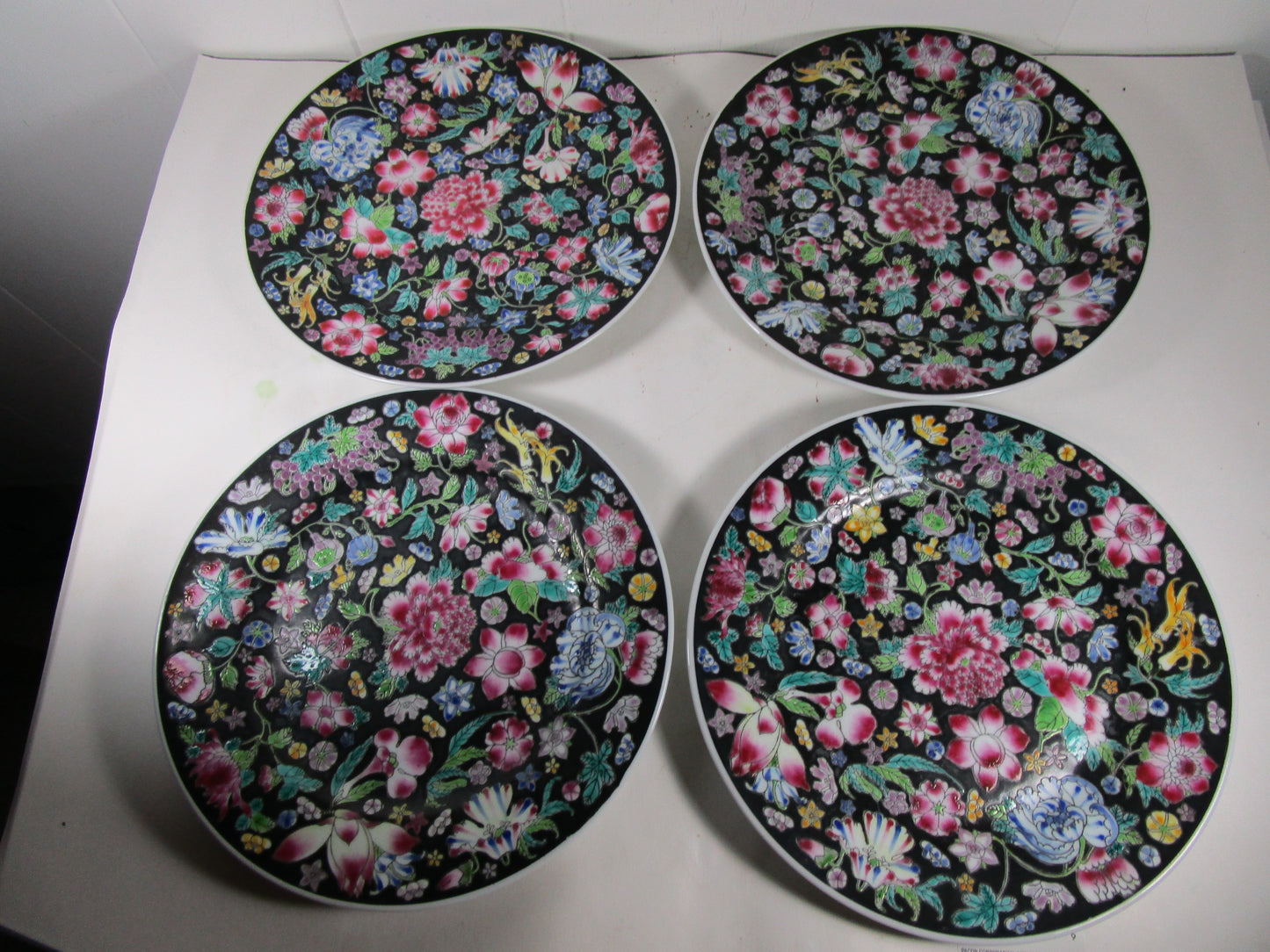 vintage hand painted porcelain  plate  black enamel “Mille Fleur” floral