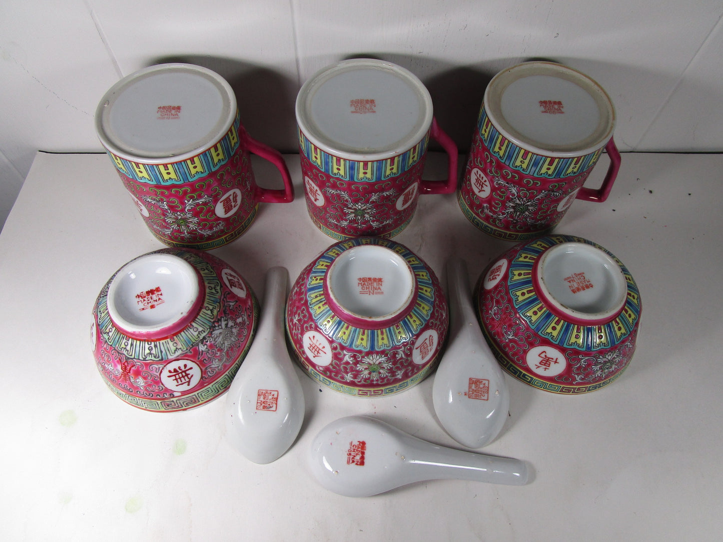 Vintage Chinese Mun Shou Red Longevity Mugs & rice bowls &  spoon sets