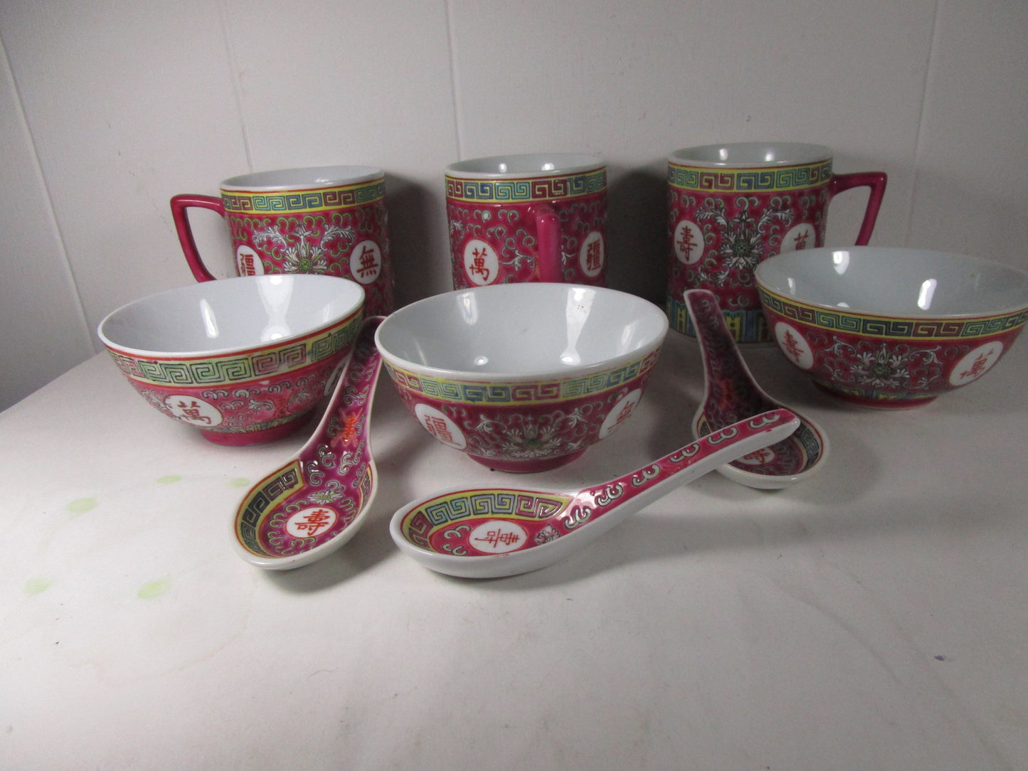 Vintage Chinese Mun Shou Red Longevity Mugs & rice bowls &  spoon sets