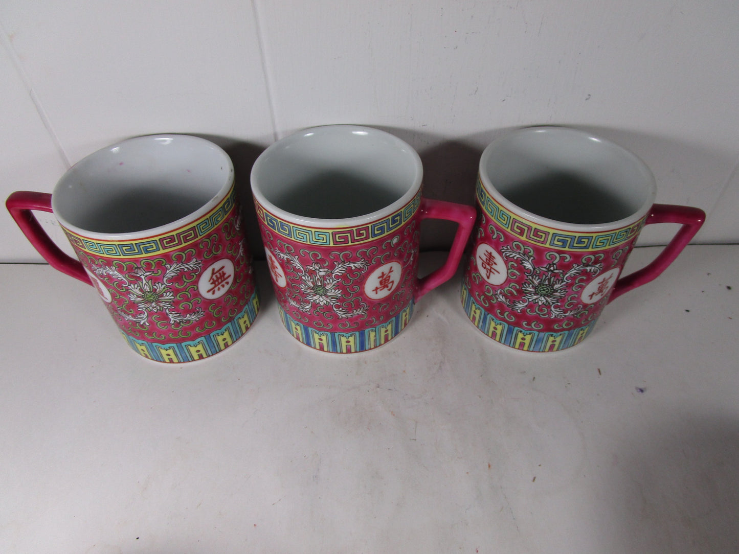 Vintage Chinese Mun Shou Red Longevity Mugs & rice bowls &  spoon sets