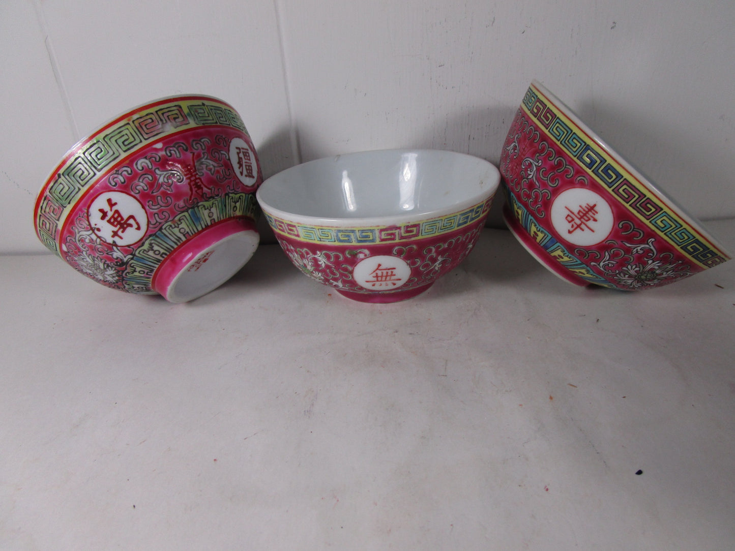 Vintage Chinese Mun Shou Red Longevity Mugs & rice bowls &  spoon sets