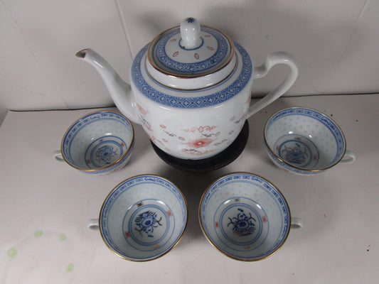 Chinese Blue & White & Red Porcelain Rice Eye Grain Tea Pot 4 handle cups