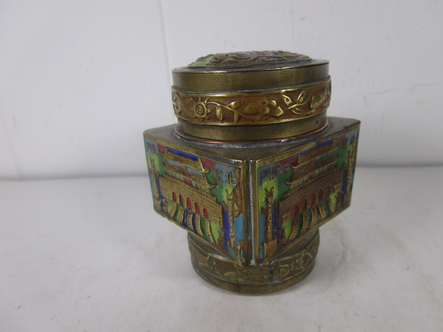 Chinese  antique Chinese export brass  enamel trinket box / tea caddy box.