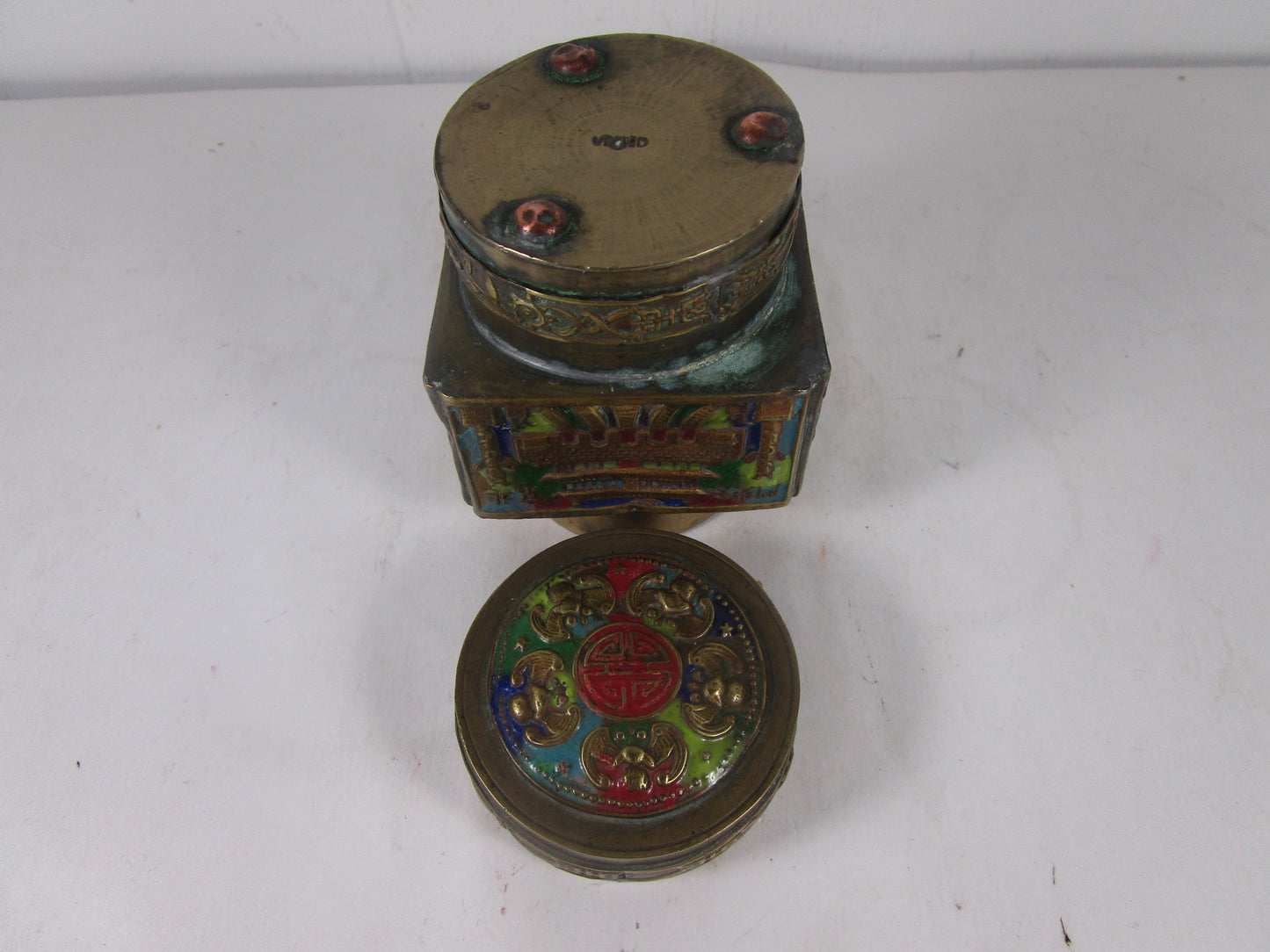 Chinese  antique Chinese export brass  enamel trinket box / tea caddy box.