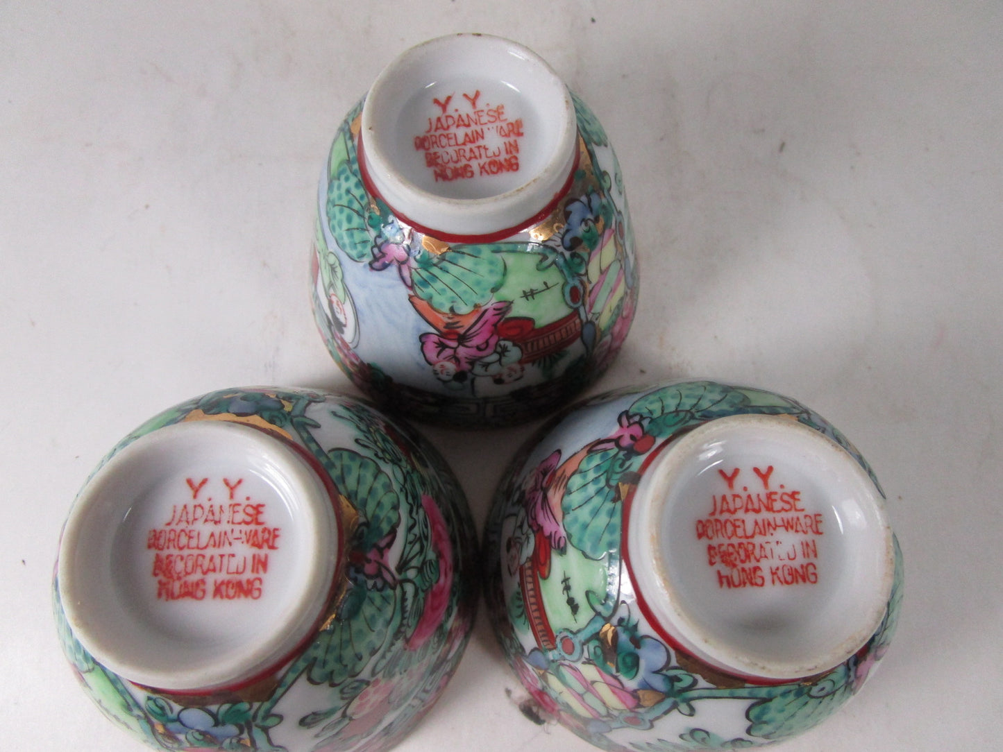 Chinese Porcelain Famille Rose Medallion Tea Cups Rare set of 3 marked