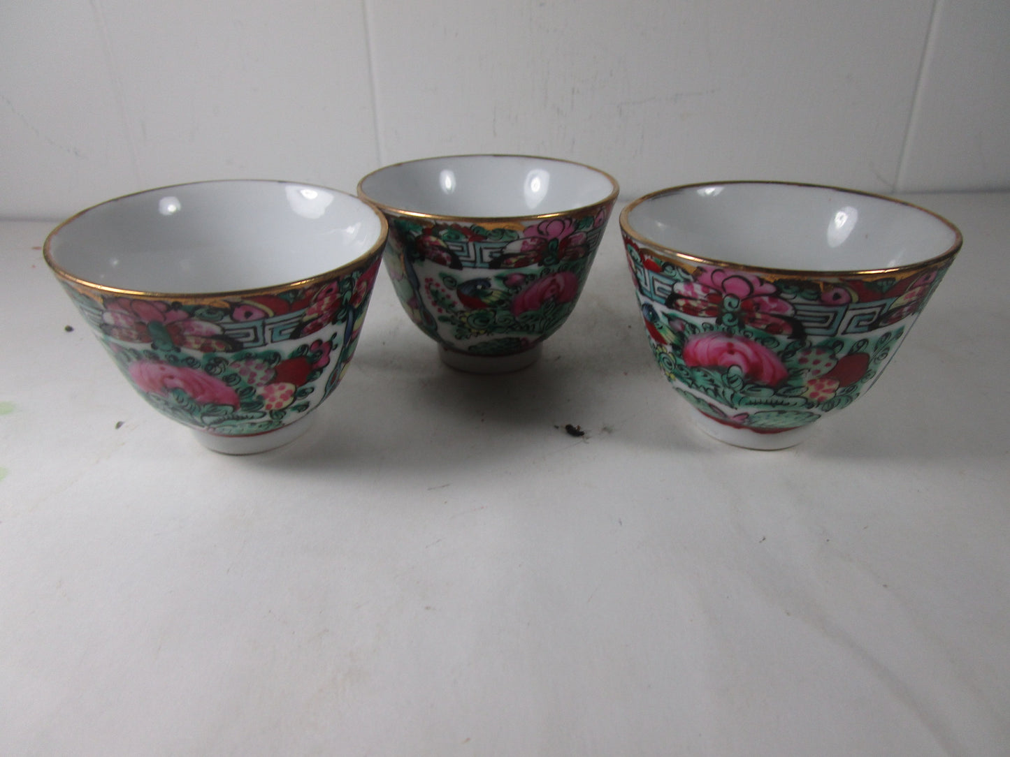 Chinese Porcelain Famille Rose Medallion Tea Cups Rare set of 3 marked