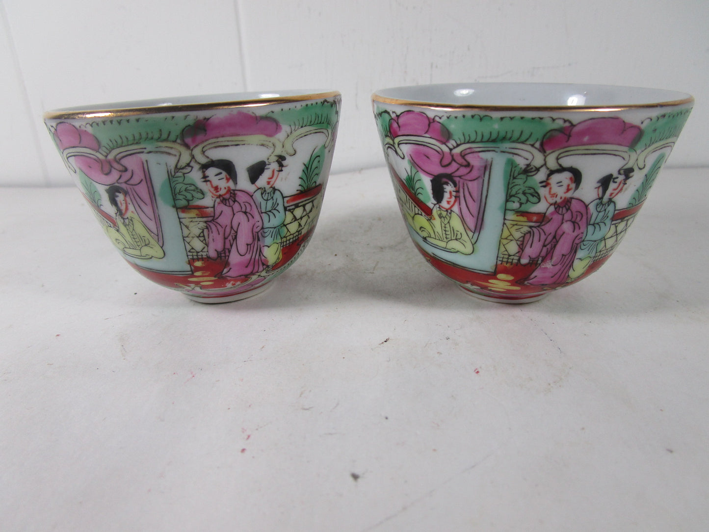 Famille  Rose Medallion porcelain 2 Cups 1 bowl set hand painted marked