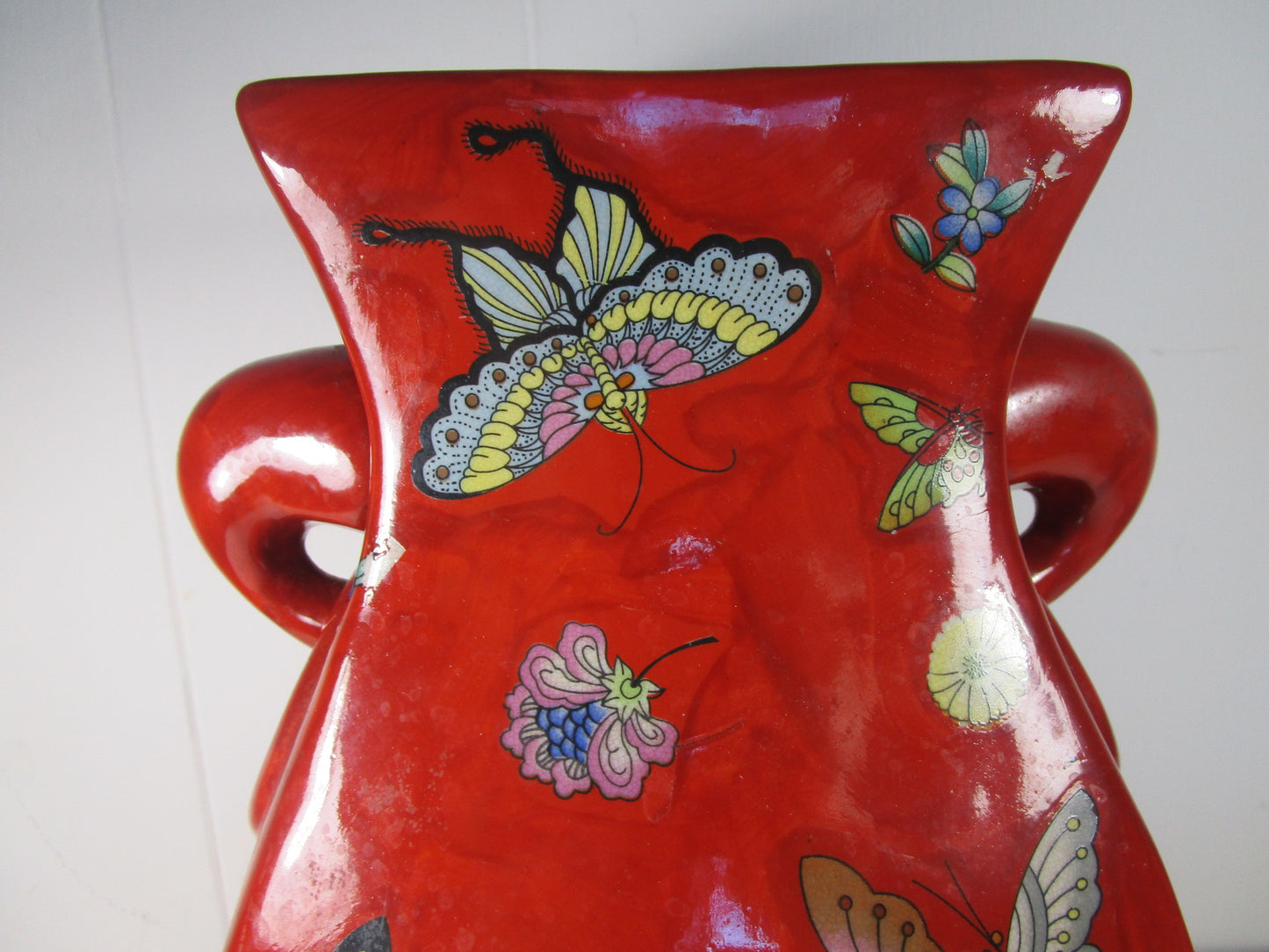 Butterfly hand painted Details red double handle vase Marked china