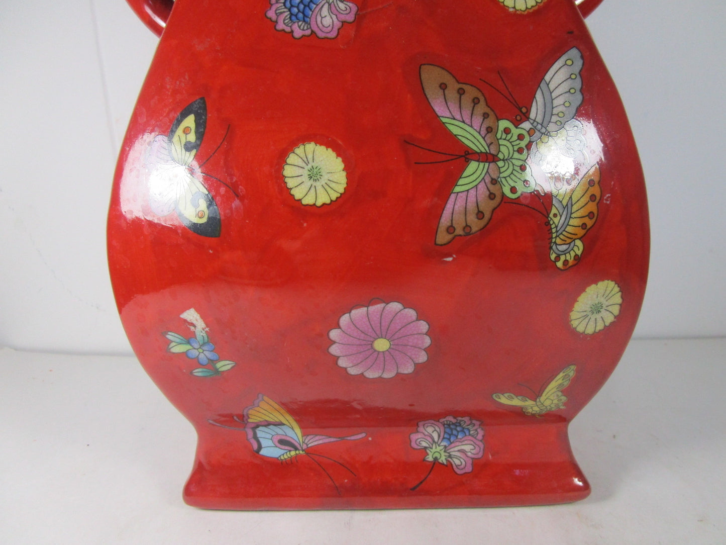 Butterfly hand painted Details red double handle vase Marked china