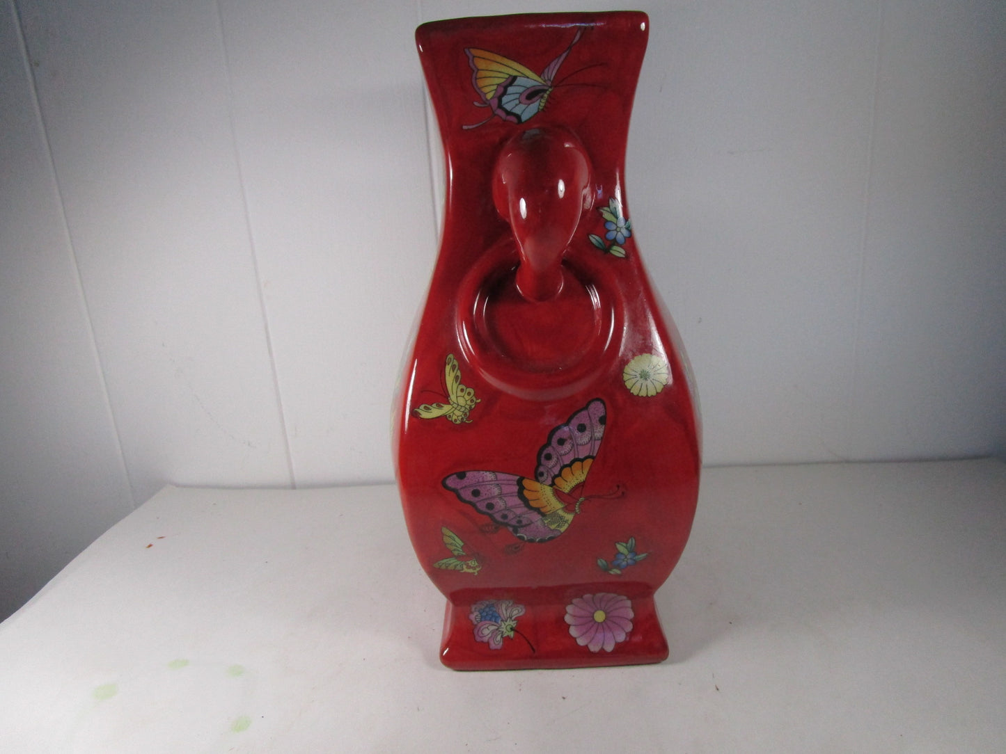 Butterfly hand painted Details red double handle vase Marked china