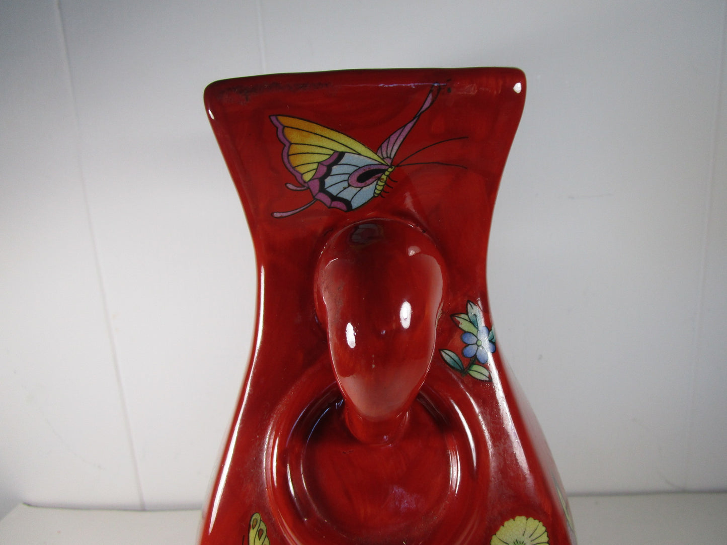 Butterfly hand painted Details red double handle vase Marked china