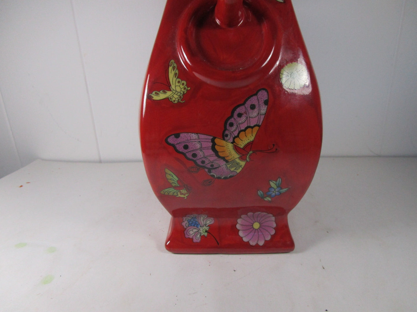 Butterfly hand painted Details red double handle vase Marked china