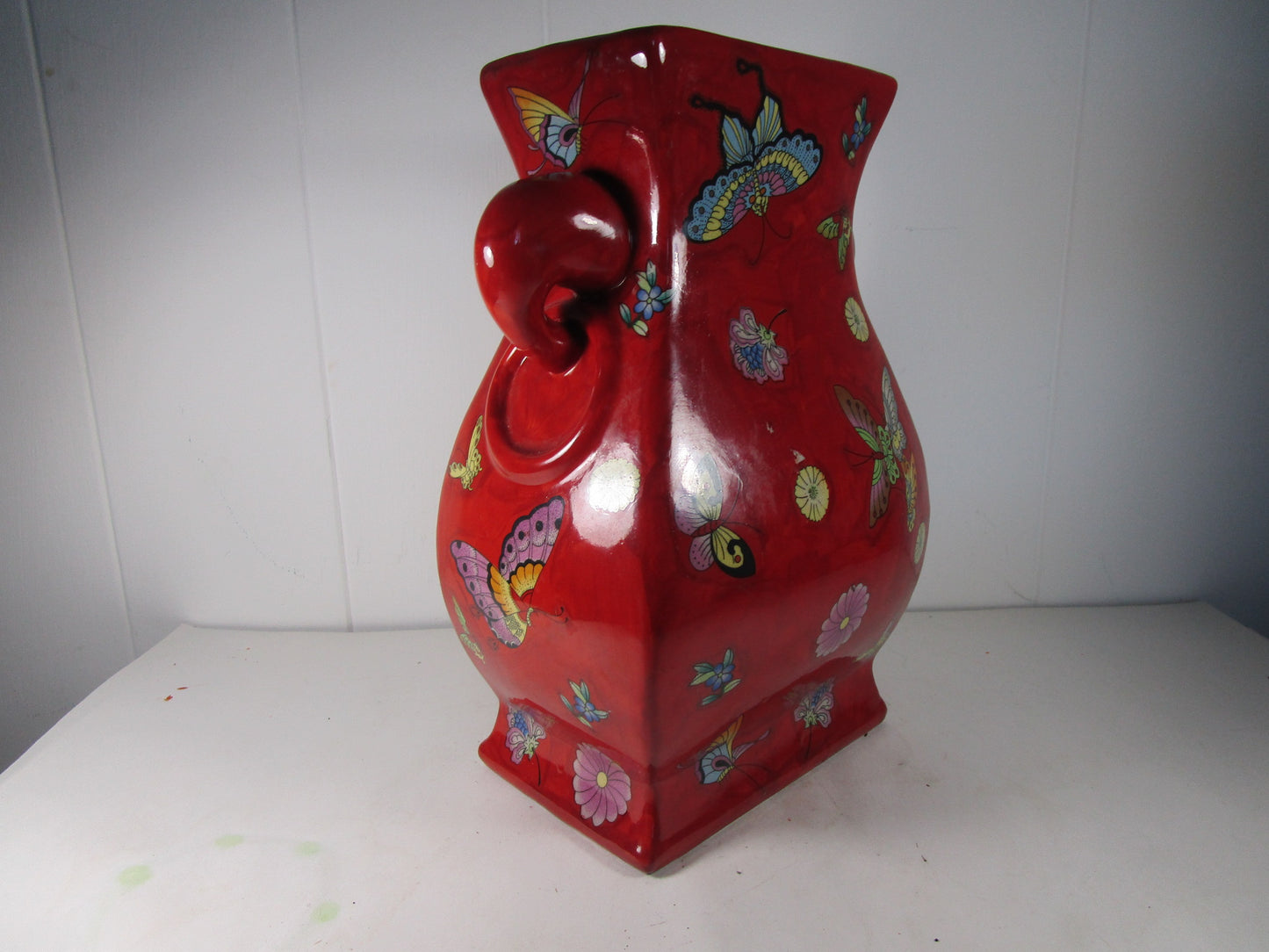 Butterfly hand painted Details red double handle vase Marked china