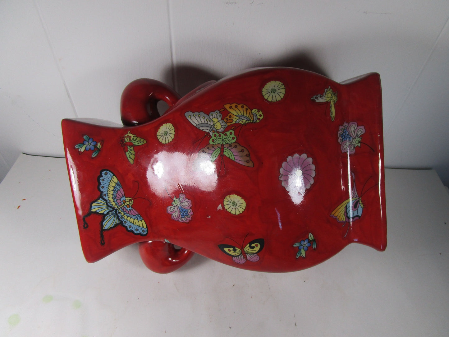 Butterfly hand painted Details red double handle vase Marked china